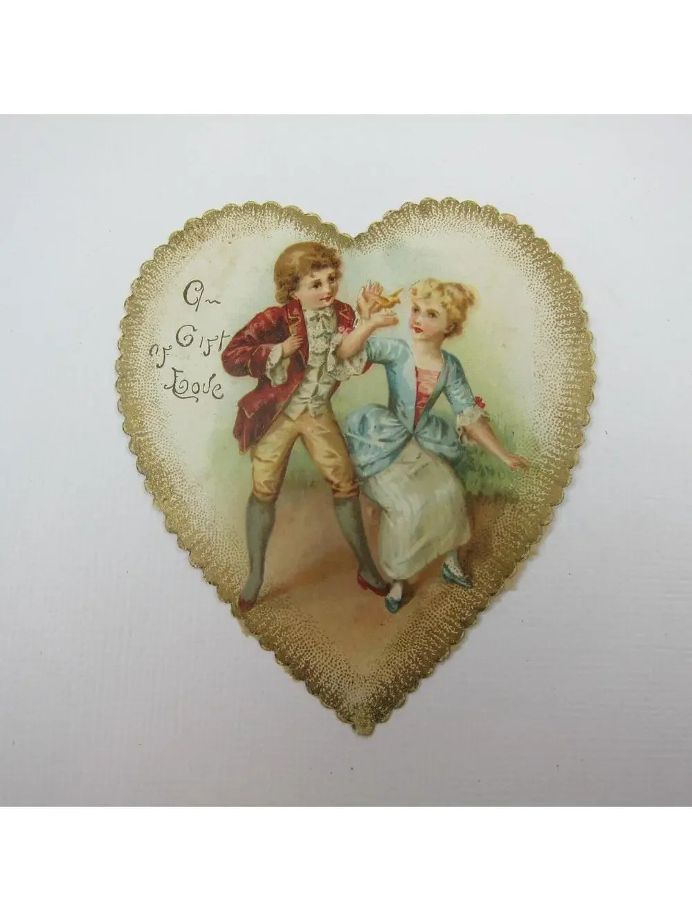 Valentine Card Heart Ephemera Boy Girl Antique 1700s Fashion Red Coat Blue Dress